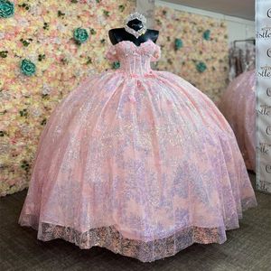 Pink Shiny Sweetheart Off the Shoulder Ball Gown Quinceanera Dress for Girls Pärled Applique Birthday Party Gowns Prom Dresses Vestido