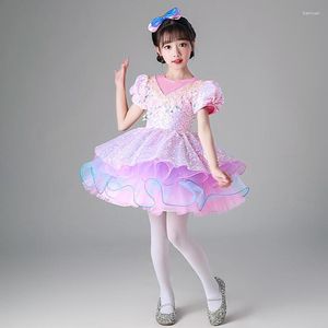 Bühnenkleidung Kinder Ballsaal Kleidung Pailletten Tanzkleidung Lila TUTU Kleid Mädchen Jazz Dance Kostüm Kleinkind Prinzessin