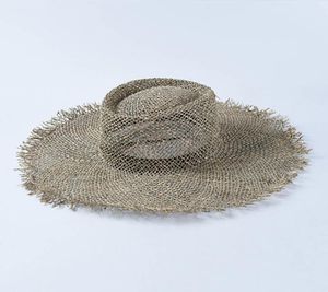 Mulheres Fray Fray Tecido Seagrass Bours Boater Hat casual Sun Beach Cap bon e chapéus de palha unissex ampla de praia para Kentucky derby viagens Y201449737