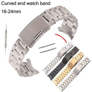 Watch Bands Curved End Watch Band Solid Stainless Steel Watch Strap 16 18 20 22 24mm Replacement Wrist Bracelet Band Fold Buckle w Pins 230922