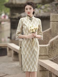 Etnik Kıyafet Sonbahar Damla Yakası Şifon Qipao Elbise Boncuklu Tassel Flare Sleeves Dantel Çin Mid-uzunluklu Cheongsam