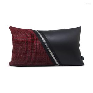 Pillow Black Red Leather Decorative Cover For Living Room Patchwork Zip Cotton Linen Sofa Waist Pillowcase Home Decor 30x50cm