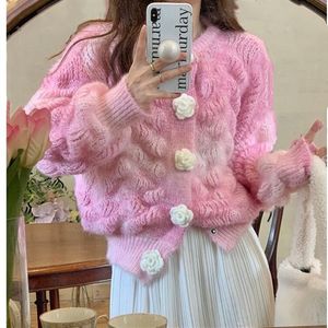 Kvinnors tröjor Cardigan O Neck Knit Ribbed Pull Femme 3D Floral Button Vintage Sweet Chic Sweaters Tops Female Sueter Mujer Fall Clothes