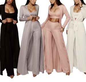 Conjunto de calças de duas peças femininas moda casual sexy estiramento malha gravata de três peças com outerwear envoltório peito calças terno dresy damskie