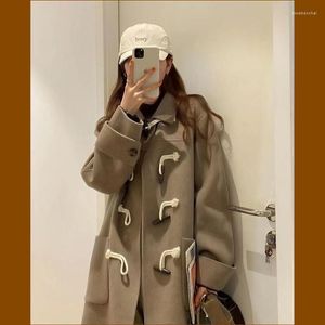 Women's Trench Coats Cow Horn Buckle Medium Length Woolen Coat For Winter Small Stature Showing High Temperament And High-end Feeling