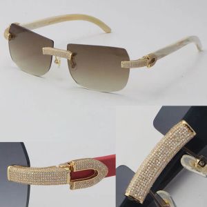 Neues Modell mit Mikropavé-Diamant-Sonnenbrille, original schwarzes Büffelhorn, randlos, echte natürliche Sonnenbrille, 18 Karat Gold, C-Dekoration, männliche und weibliche Brille, UV-400-Linse