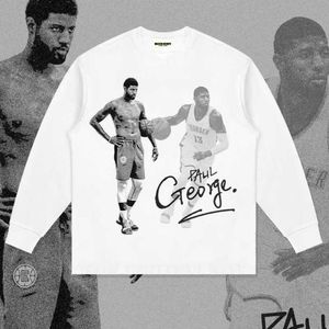 Autumn and Winter New Product Paul George American Small Neckline Long Sleeve T-shirt White Ink Direct Spray Loose Shoulder Drop Cotton Tide86o0