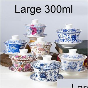 Set da tè grande 300 ml Bone China Gaiwan teiera in ceramica tazza con piattino ciotola da tè dipinta a mano zuppiere set da cerimonia cinese Kung Fu Dhv8N