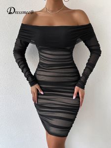 Basic Casual Dresses Dressmecb Off Shoulder Mesh Party Dress Women Clothing Sexy Club Backless Ruched Bodycon Dresses Long Sleeves Autumn Vestidos 230922