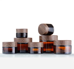 Brown Amber Glass Cosmetic Cream Jar with Wood-Grain Plastic Lid 10g 30g 50g Travel Makeup Containers