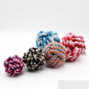 Dog Toys Tuggar Colorf Pet Cotton Chew Knot Rep Ball 5cm 7cm 8cm Interaktiv Hållbar formad flätad leksak 5351 Q2 Drop Delivery Home Gar DH3H5