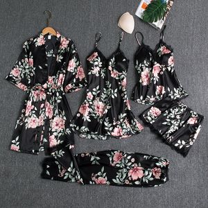 Sexy Pijamas Mulheres Pijama Cetim 5 PCS Verão Lace Patchwork Sexy Mulheres Nightwear Estilo Fino Robe Sleep Suit Nightdress com almofadas no peito 230922