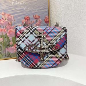 2023 Spring/Summer ins Vivi Premium Texture Bag Western Empress Dowager Spicy Girls' Bag Saturn Plaid Cross Shoulder Underarm Saddle Bag