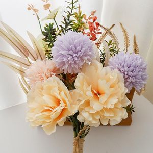 Flores decorativas artificial outono hortênsia buquê diversos casamento decoração de seda noiva segurando família plantas falsas