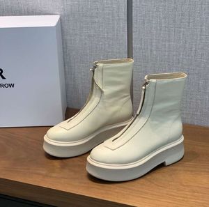 The Row Chelsea-Stiefel aus weißem glattem Leder, Plateau-Reißverschluss, Slip-On, runde Zehen, Blockabsätze, flache Keilabsätze, Stiefeletten, klobiger Stiefel, Luxus-Designer für Damenfabrik