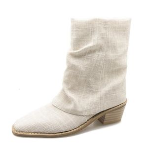 Stövlar Slipon Solid Fashion Female Ankle Boot Flanged Short Linen Cotton Pleated Cowboy Women Square Toe Thick Heel Shoes 230921