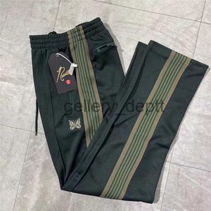 Men's Pants Men Women Embroidered Butterfly Needles Track Pants Classic Stripe Trousers Blackish Green AWGE Needles Pants J230922