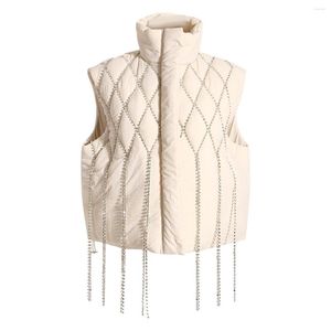 Women's Vests Women Coat Grid Pattern Beaded & Tassel Design High Neck Sleeveless Solid Color