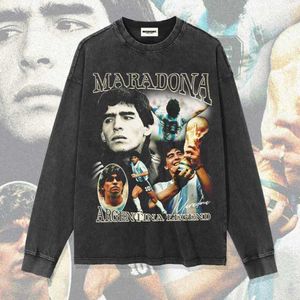 T-shirt commemorativa a maniche lunghe con stampa di stelle della Coppa del Mondo di Maradona, felpa con cappuccio della marca di moda americana vintage football