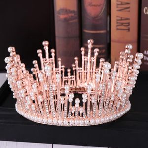 Vintage rosa ouro pérola tiara redonda presilhas grande coroa de casamento para noiva acessórios para o cabelo cristal incrustado rainha jóias212d