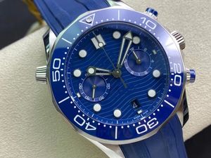 OM Factory new 9900 chronograph Automatic blue dial Ceramic bezel 44 mm Men's Watch Diver 300 m 210.30.44.51.01.001 Steel case rubber strap sapphire glass and box