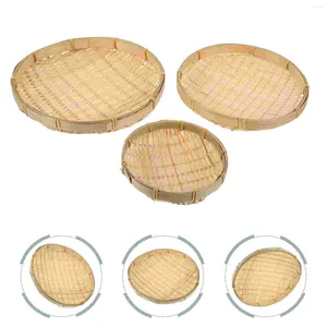 Conjuntos de louça 3 pcs Dustpan Bambu Tecelagem Peneira Lanche Titular Cesta Bandeja Home Weave Artware Redondo Artesanato Limpeza de Arroz