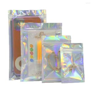 Borse contenitore 100 Pz/lotto Plastica Trasparente Glitterata Argento Mylar Foil Bag Autosigillante Tear Notch Sacchetti Piatti Riutilizzabili Cibo Snack Confezione di Tè