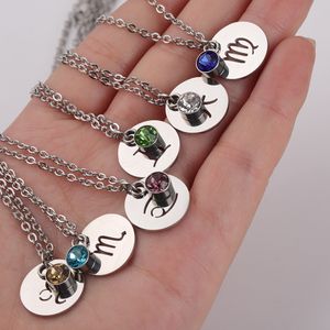 European and American Birthstone 12 Constellation Necklace Mirror Face Stainless Steel Lucky Birthstone Guardian Constellation Necklace