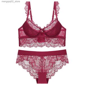 BRAS SETS EUROPE SEXY HOLLOGY LACE EURBOLEBRODERY KVINNER Underkläder French Thin Cup Push Up Bh Set Corset Lingerie Plus Size Size Cd Bras and Panties Q230922