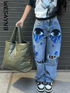 Calças de brim femininas outono por atacado y2k roupas casuais calças jeans para mulheres 2022 bolsos de cintura alta imprimir calças jeans baggy buraco calças streetwear t230922