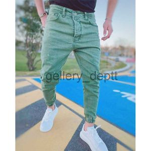 Calças de brim masculinas jeans azul cintura elástica calças casuais verde fino ajuste calças cáqui jeans streetwear roupas de grife masculino j230922