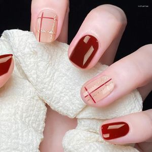 False Nails 24pcs Short Square Round Fake Red Stripe Design Art Full Coverage Waterproof Faux Press On Nail With Tools