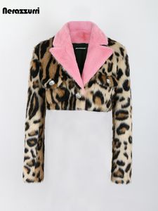 Mulheres Fur Faux Nerazzurri Outono Inverno Leopardo Imprimir Grosso Quente Suave Cropped Mink Jacket Blazer Mulheres Manga Longa com Gola Rosa 230922