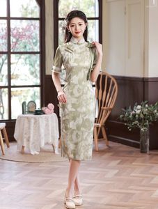 Etnisk kläder retro kinesisk stil mandarin krage satin spets qipao modern kort ärm hög split cheongsam