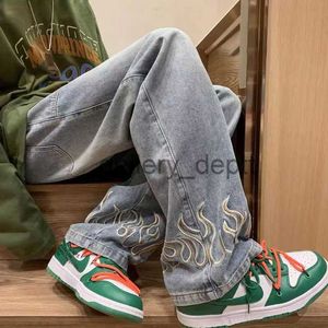 Men's Jeans Fashion Flame Embroidery Men's Jeans Neutral Wide Leg Denim Trousers Loose Straight Jeans Youth Casual Baggy Hip Hop Pants 2023 J230922