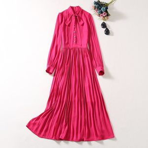 2023 outono rosa vermelho cor sólida fita laço laço vestido manga longa em torno do pescoço botões midi vestidos casuais A3S150910-08