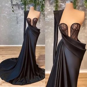 Evening Dresses Black Prom Party Gown Custom Plus Size Zipper Lace Up New Mermaid Trumpet Sweetheart One Long Sleeve Satin Lace Pleat