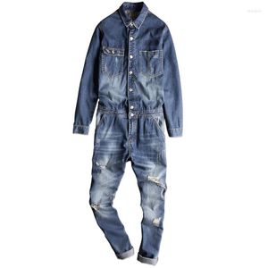 Mäns jeans män motorcykel cyklist denim overall male smal fit rippad remmar mens suspender byxor lång ärm en bit jumpsuit hip hop