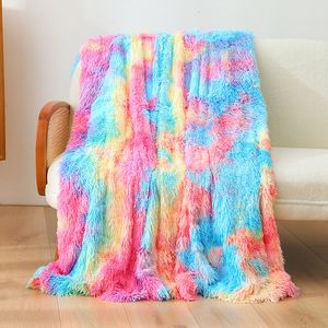 Cobertores Cozy Fur Flanela Cobertor Fofo Shaggy Super Macio Sofá Quente Lance Tie-tingido Viajando Fleece Rainbow Cobertores Colcha Cobertor 230922