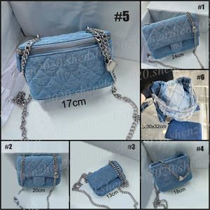 Fashion Blue Denim Womens Chain Cosmetic Påsar Makeup Bag Axelväska Tygväska