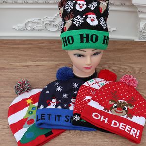 Led gorros de natal inverno chapéus quentes crochê dos desenhos animados boné adulto crianças natal brilho chapéu de malha