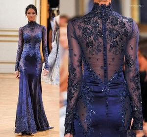 Party Dresses 2023 Zuhair Murad High Neck Lace Formal Evening Dress Long Sleeve See-through Beads Appliques Prom Celebrity Gowns Navy Blue