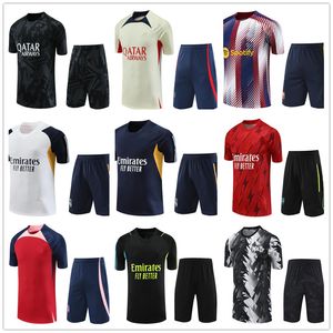 Mens manga curta treino PSGS Pregame roupas 2023 terno de treinamento de futebol camiseta zip bolso shorts uniforme de futebol conjunto