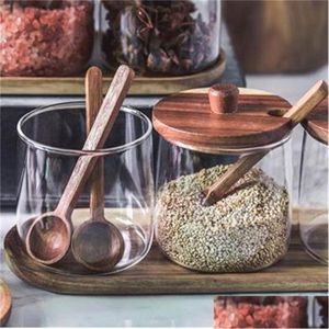 Herb Spice Tools 3Pcs Jars Container Set With Spoon Wooden Lid Airtight Glass Jar Salt Sugar Pepper Herbs Bbq Seasoning Bottle Kit Dhvsu