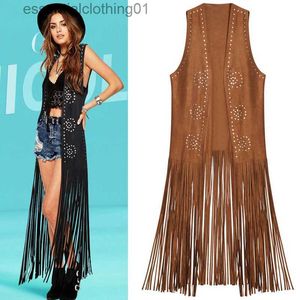 Women's Vests Women's Vest Coat New Suede Faux Fur Ethnic Sleeveless Long Princess Vests Tassels Fringed Rivet Cardigan Korean Fashion L230922