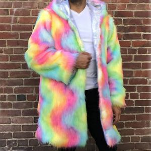 Femmes Fourrure Faux Femmes Hommes Long À Capuche Arc-En-Ciel Manteau D'hiver De Haute Qualité Épaississant Chaud Multicolore Veste En Cuir Coupe-Vent 230922