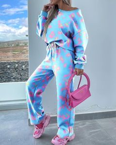 Kvinnor Tvådelar Pants Set Outfit Pink Leopard Print Sweatshirt Sweatpants se Autumn Winter Spring Fashion Casual Female Suit 230921