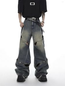 Jeans masculinos Houzhou Jin's Calças Largura Longa Skinny Coreia Hip Hop Casual Big Hole para Homens Moda Hollow Street