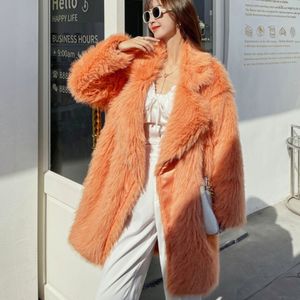 Cappotto finto patchwork arancione con risvolto di media lunghezza in finta pelliccia da donna 230921