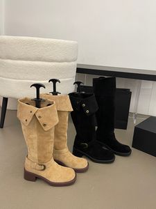 Botas redondas dedo do pé mulheres joelho alto plano meados de salto design deslizamento na moda vestido de inverno sapatos mulher elegante tamanho 3539 230921